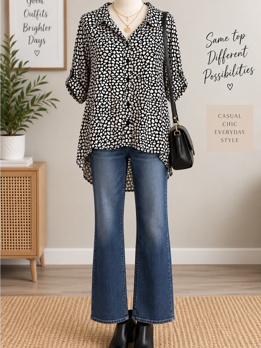 Alex & Jordan XL Black & Ivory Print High-Low Button-Up Blouse